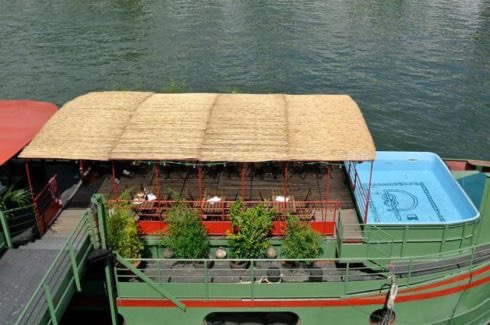 LE RÊVE FLOTTANT est un bateau vert avec un toit en bambou, équipé de tables extérieures, de chaises, de plantes en pot et d'un petit bassin vide sur son pont, flottant sur une eau calme.