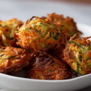 Une assiette blanche contient une petite pile d'ACRAS DE LÉGUMES ANTILLAIS (Barquette de 20 pièces), des beignets de légumes croustillants à base de courgettes et de carottes râpées, disposés sur une surface en marbre.