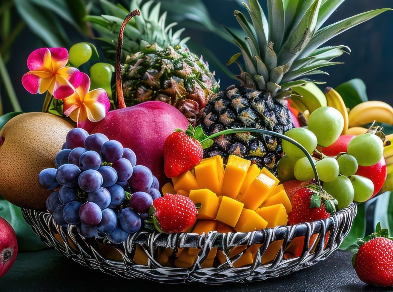 TOUTES NOS CORBEILLES DE FRUITS POUR VOTRE ÉVÉNEMENT : un panier garni de fruits variés-ananas, mangue, raisin, fraise, pomme, banane-agrémenté de fleurs colorées sur fond sombre avec feuillage vert.