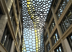 Vaugirard prestige présente une grille métallique géométrique aux formes circulaires et hexagonales qui recouvre le toit ouvert entre deux bâtiments modernes, laissant filtrer le ciel bleu et la lumière du soleil.