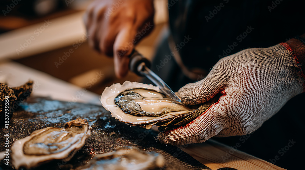 Une personne portant des gants de protection utilise un couteau pour écailler une huître, plusieurs huîtres ouvertes étant visibles sur une table à l'arrière-plan.