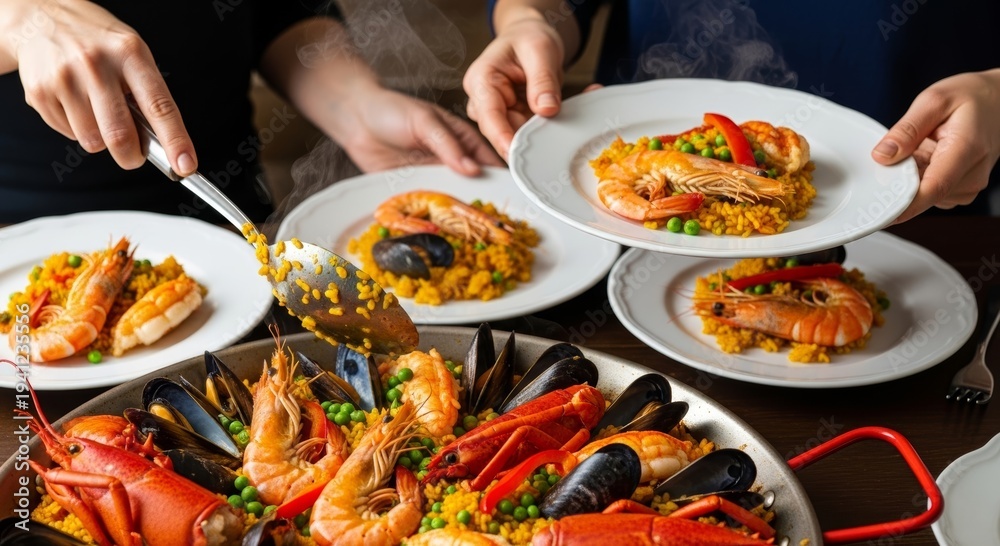 Des personnes servent une paella de fruits de mer avec des crevettes, des moules et des petits pois dans des assiettes blanches à partir d'une grande poêle. On voit plusieurs mains et le plat coloré est garni de poivrons rouges.