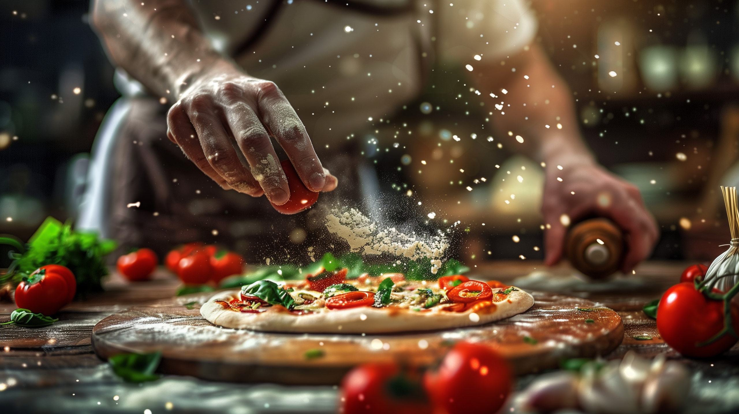 Un chef saupoudre de farine une pizza garnie de tomates et de basilic sur une surface en bois, entourée de légumes frais et d'ingrédients de cuisine dans une cuisine chaudement éclairée.