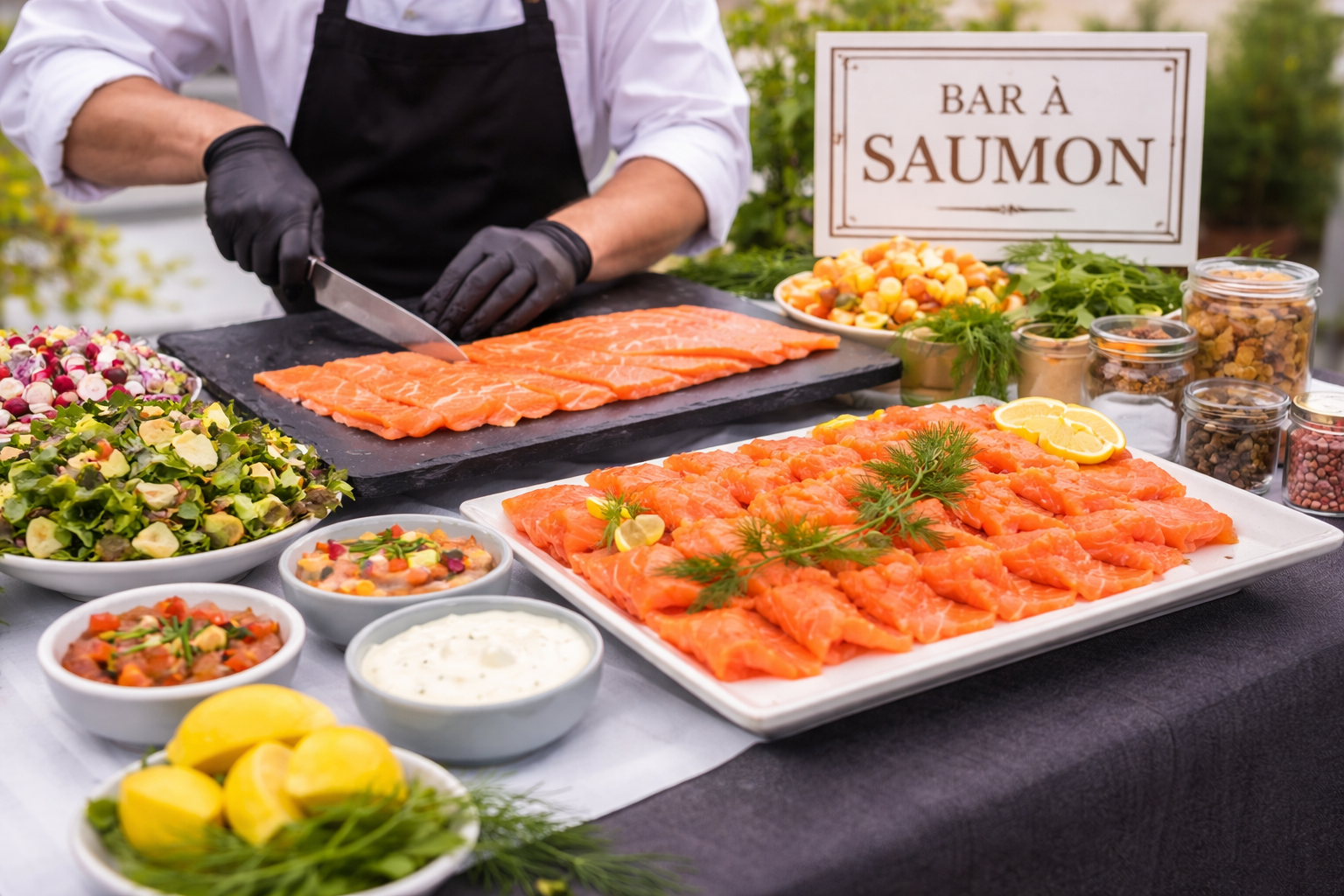 Un chef en gants noirs tranche du saumon frais dans un bar à saumon en plein air, avec un panneau indiquant Bar à Saumon. Diverses salades de légumes, sauces, quartiers de citron et herbes aromatiques sont disposés sur la table.