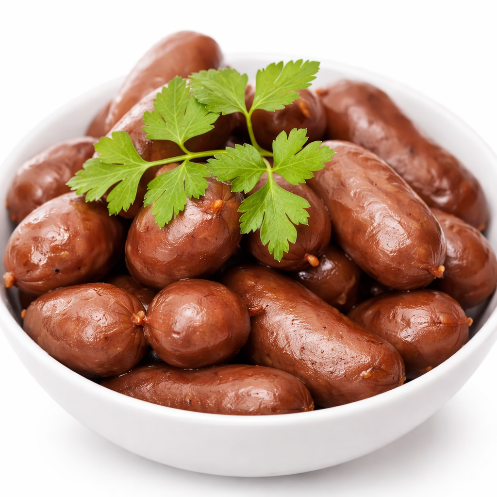 Un bol blanc rempli de BOUDIN ANTILLAIS 80 GR (min de commande 5 pcs), garni de persil frais, sur un fond blanc uni.