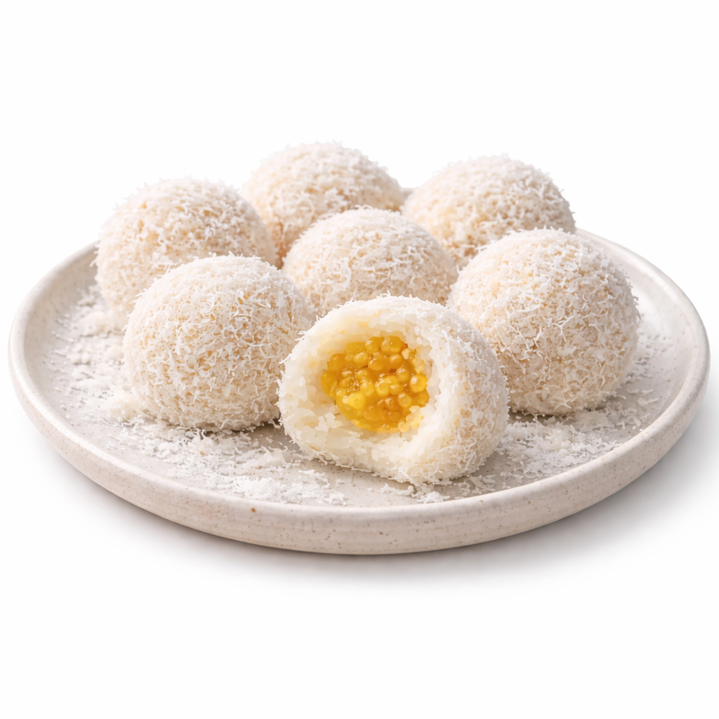 Une assiette présente sept PERLES DE COCO (Min de commande 10 pièces) - des desserts ronds, blancs, enrobés de noix de coco, dont l'un est croqué pour révéler un fourrage jaune, semblable à une perle. De la noix de coco râpée est saupoudrée sur l'assiette.