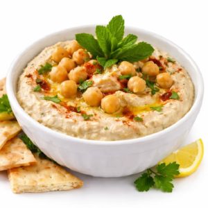 CAVIAR D'AUBERGINES : Tartinade d'aubergines réfrigérée servie avec du pain pita et un quartier de citron. Commande minimum de 5 portions (200g/personne).