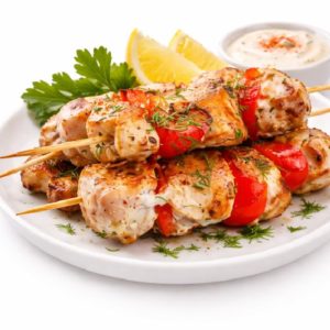 CHICHE TAOUK (Plat - Min de commande 5 plats de 300g/Pers) : Brochettes de poulet grillé avec poivron rouge, servies avec des quartiers de citron, du persil, des herbes et de la sauce à tremper sur une assiette blanche.