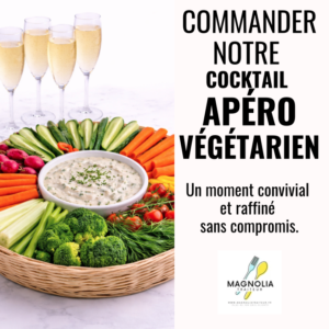 Un plateau de légumes frais assortis avec trempette, quatre coupes de champagne et un texte en français mettant en valeur le PETIT COCKTAIL SALÉ VÉGÉTARIEN de Magnolia Traiteur (min. 8/pers), parfait pour un élégant cocktail végétarien.