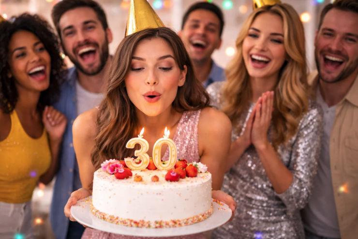 Une femme portant un chapeau de fête souffle des bougies en forme de chiffre 30 sur un gâteau, entourée d'amis souriants en tenue de fête, avec des lumières colorées en arrière-plan.