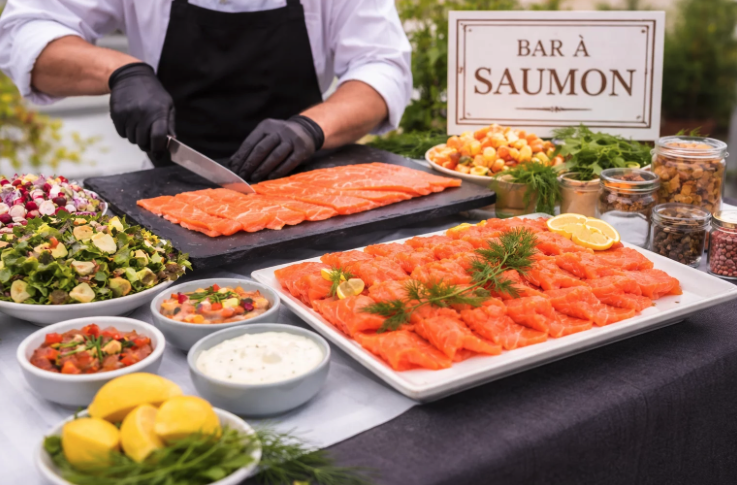 Une personne portant des gants noirs tranche du saumon frais à une table de buffet portant l'enseigne Bar à Saumon. La table comporte des assiettes de saumon fumé, des salades fraîches, des sauces, des moitiés de citron et des garnitures.