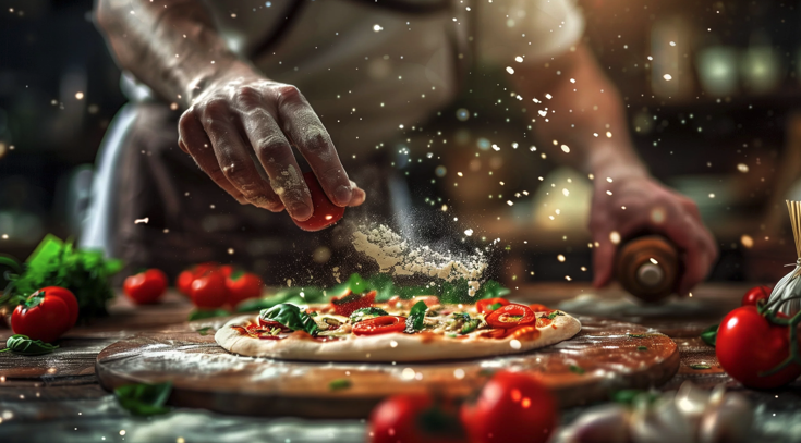 Une personne saupoudre de farine une pizza fraîchement préparée, garnie de tomates et de basilic, sur une surface en bois, entourée d'ingrédients frais dans une cuisine rustique.