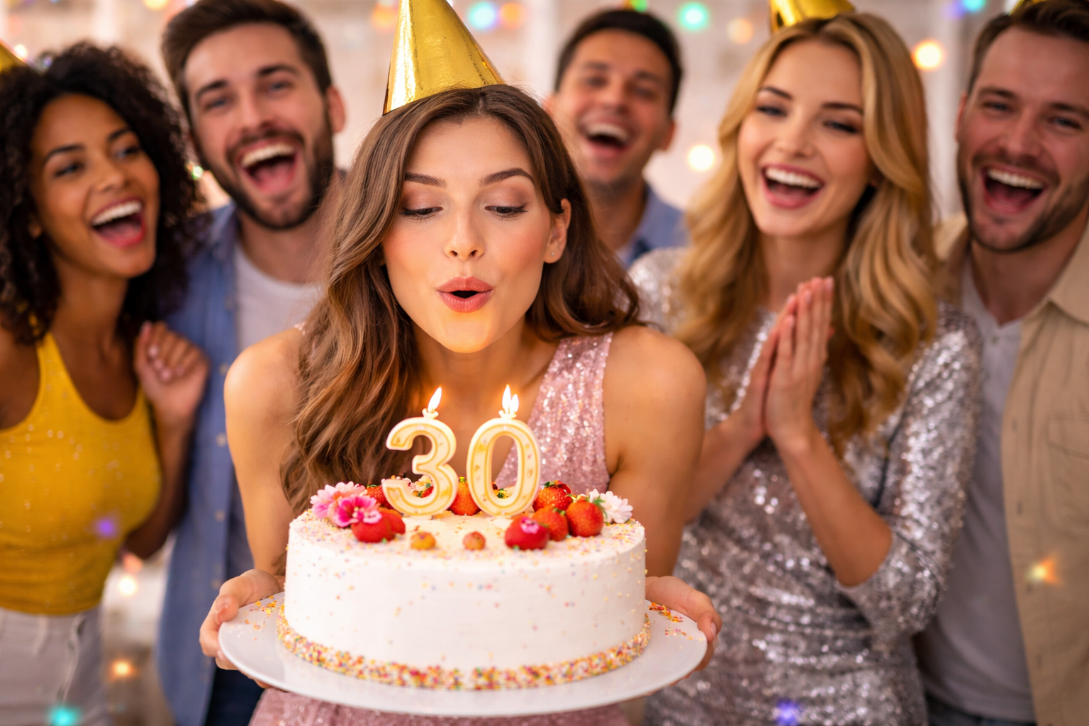 Une femme portant un chapeau de fête souffle les bougies en forme de chiffre 30 sur un gâteau d'anniversaire, entourée de cinq amies souriantes en tenue de fête, avec des lumières colorées en arrière-plan.