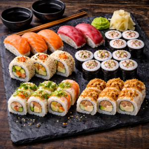 Le PLATEAU DE SUSHIS GOURMET présente un plateau en ardoise contenant un assortiment de rouleaux de sushi, de nigiri et de maki, agrémentés de wasabi et de gingembre mariné, ainsi que deux bols de sauce soja et des baguettes, le tout posé sur une table en bois.