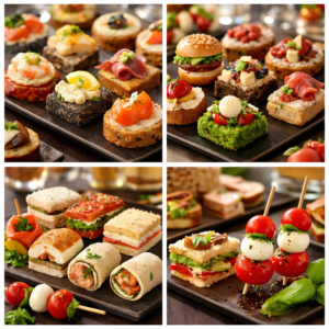 Un collage de quatre images présentant le PETIT COCKTAIL MAGNOLIA (18 pièces salées et sucrées) avec un assortiment artistique de mini-sandwichs, de sliders, de canapés aux fruits de mer, de wraps et de brochettes tomate-mozzarella.