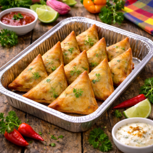 Un plateau de SAMOUSSAS AU POULET (barquette de 10 pièces, 80g l'unité) garni d'herbes fraîches, accompagné de sauces à tremper, de quartiers de citron vert, de piments rouges et de persil sur une table rustique en bois.