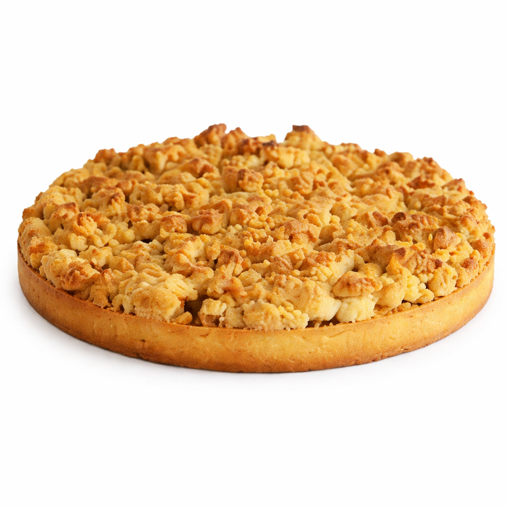 Le CRUMBLE À LA POMME (Gâteau de 10 parts) est un gâteau rond et friable dont la garniture est dorée et friable et dont la croûte est épaisse et régulière, présenté sur un fond blanc.