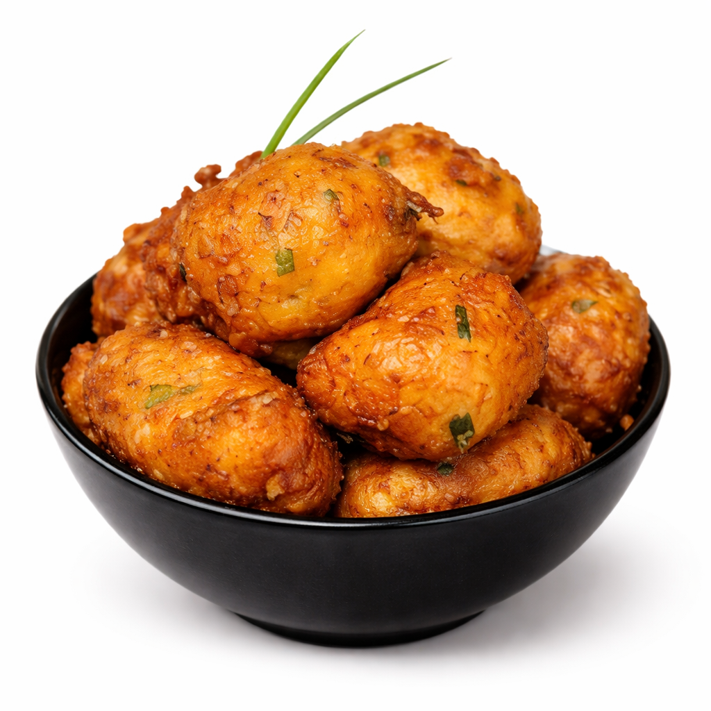 Un bol noir rempli d'ACRAS DE MORUE (commande minimum de 20 pièces), dorées et croustillantes, garnies d'herbes vertes, isolées sur un fond blanc.