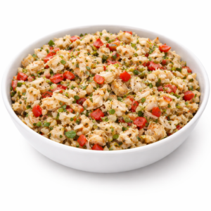 Un bol blanc rempli de CHIQUETAILLE DE MORUE (Minimum 5 portions 150g/Pers), mélangée avec des poivrons rouges coupés en dés, des pois verts et des herbes, le tout finement haché et mélangé de façon homogène.