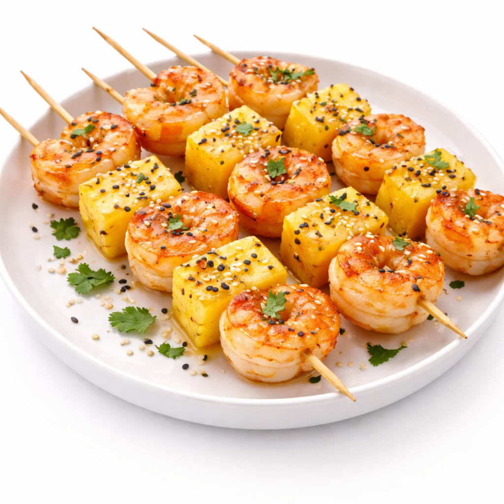 ANANAS VICTORIA + BROCHETTE DE CREVETTES (300g) : Brochettes de crevettes et d'ananas grillés, garnies de graines de sésame et de coriandre fraîche, joliment disposées sur une assiette blanche.