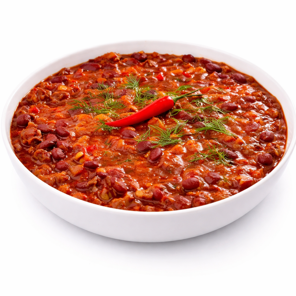 Un bol blanc de chili con carne comprenant des HARICOTS ROUGES (Minimum de commande 5 parts - 250g la part) dans une riche sauce tomate, garni d'aneth frais et d'un piment rouge entier sur le dessus.