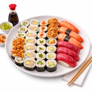 Le PLATEAU DE SUSHIS GOURMET comprend des nigiri de saumon et de thon, des rouleaux de sushi assortis avec des garnitures, du wasabi, du gingembre mariné, de la sauce soja, ainsi que des baguettes et une serviette sur le côté.