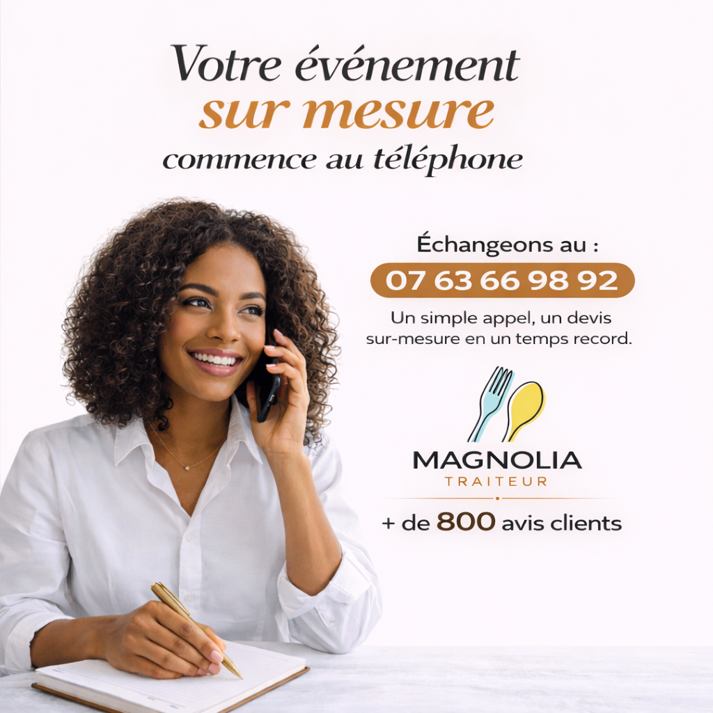 Une femme souriante parle au téléphone et prend des notes à son bureau. Le texte, "Parlez-nous de votre événement, on s'occupe du reste. 07 63 66 98 92", met en avant des services événementiels sur mesure avec plus de 800 avis de clients.