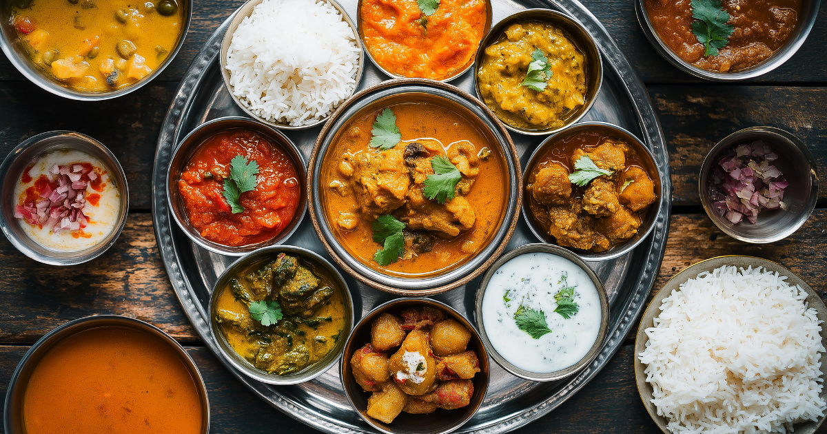 Un thali indien traditionnel composé de divers currys, de riz, de yaourt, de chutneys et de légumes servis dans de petits bols sur un plateau métallique rond, garnis de coriandre fraîche. Des bols de riz supplémentaires sont disposés à côté, le tout sur une table en bois.