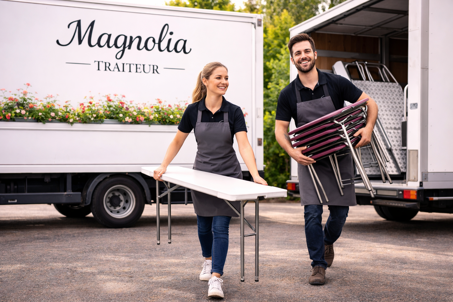 Deux employés de restauration portant des tabliers déchargent des tables et des chaises de camions portant l'étiquette Magnolia Traiteur. La femme porte une table pliée et l'homme des chaises empilées. Ils sourient en travaillant en plein air.