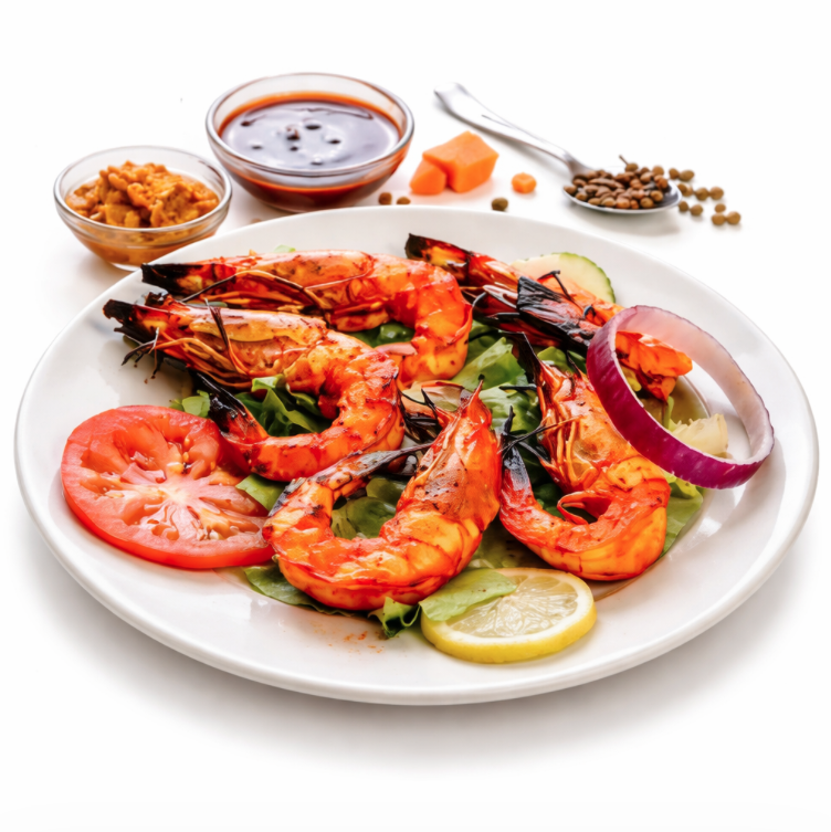 Une assiette de GAMBAS TANDOORI (300 g) est servie sur une salade avec des tranches de tomate, de concombre, de citron et d'oignon rouge, avec des petits bols de sauce, des cornichons et des épices à l'arrière-plan sur une surface blanche.