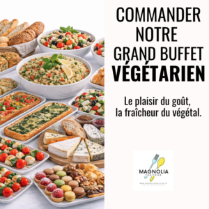 Profitez du BUFFET VÉGÉTARIEN SALÉ & SUCRÉ : une grande assiette végétarienne avec un assortiment de pains, de salades, de quiches, de fromages et de plats de légumes frais - le grand buffet de Magnolia Traiteur.