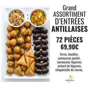 GRAND ASSORTIMENT D'ENTRÉES ANTILLAISES : Plateau antillais avec acras, boudin noir, samosas au poulet et aux légumes, achard de légumes et chiquetaille de morue. 72 pièces pour 69,90€.