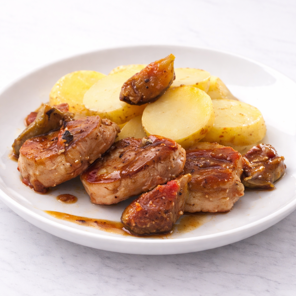 Une assiette blanche avec des tranches de QUASI DE VEAU POËLLÉ AU MIEL ET AU THYM en sauce, servies avec des rondelles de pommes de terre et des champignons sur une surface en marbre clair.