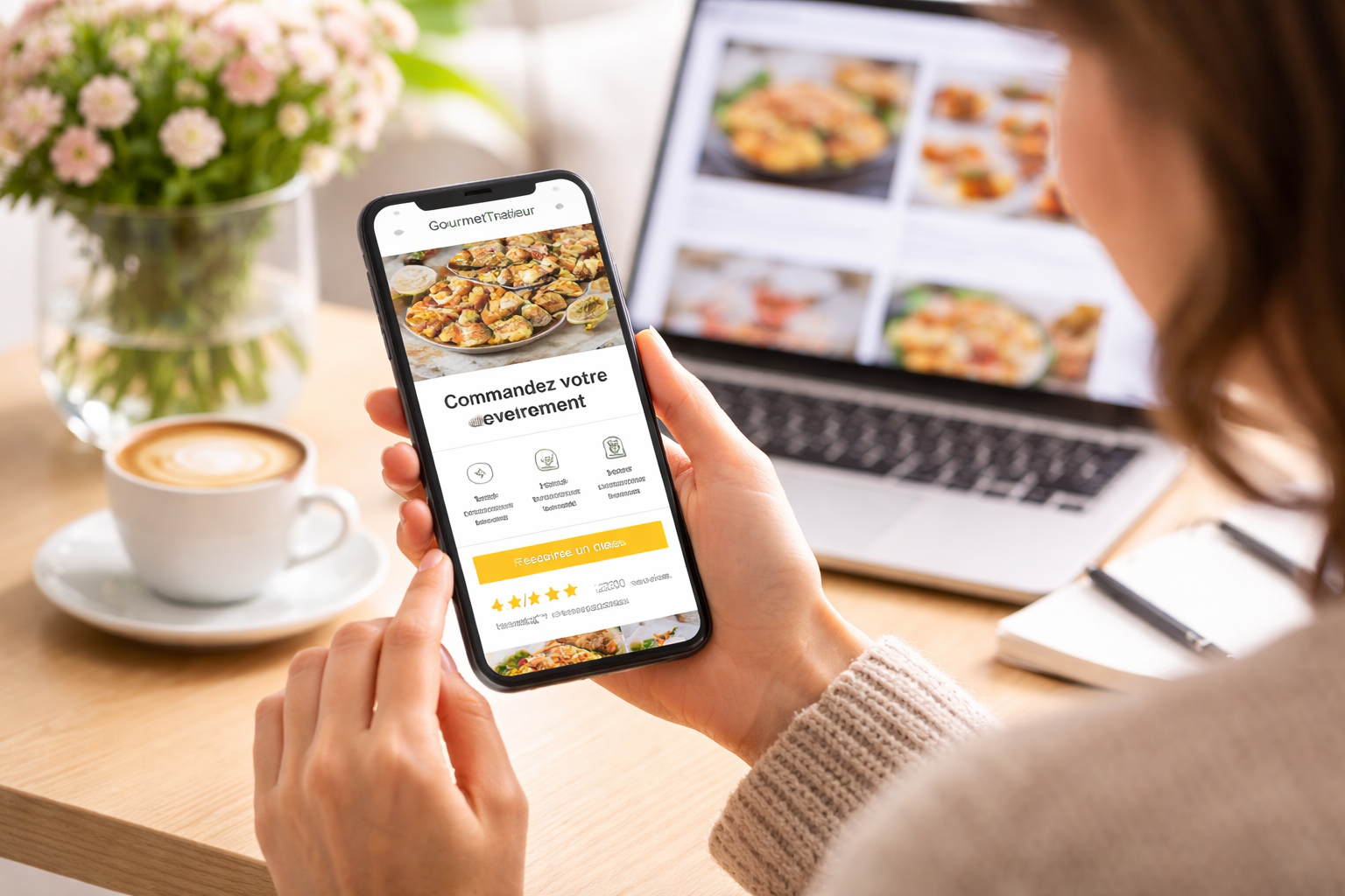 Une femme utilise un smartphone pour naviguer sur un site de livraison de nourriture en français, avec un ordinateur portable, une tasse de café et des fleurs sur la table devant elle.
