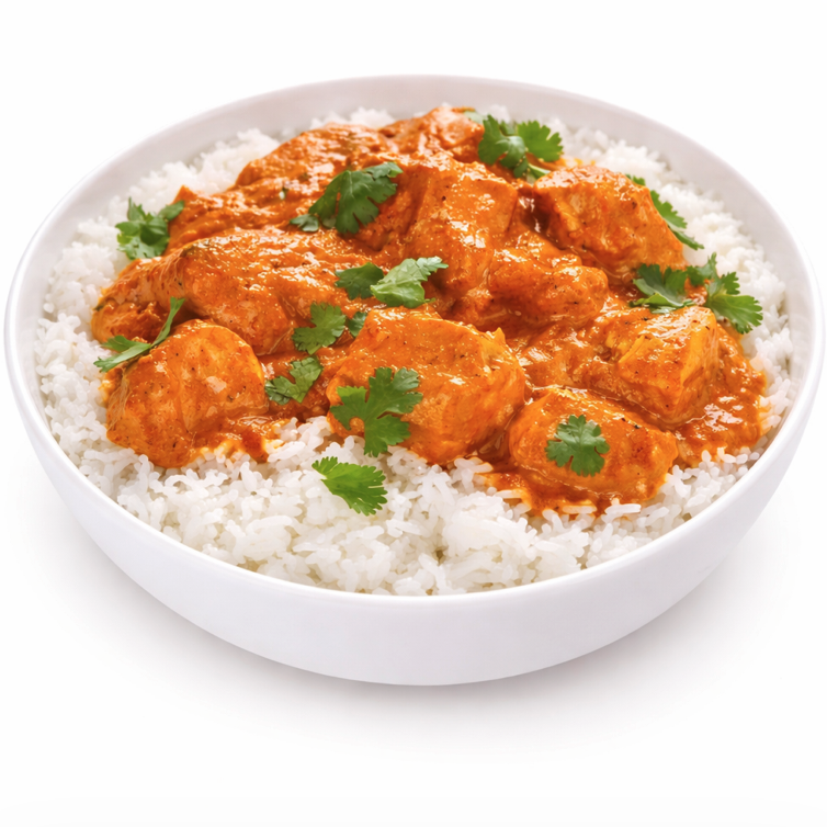Un bol blanc avec du riz blanc garni de POULET MASALA (300g) poulet au curry, agrémenté de coriandre fraîche, sur fond blanc.