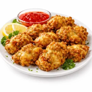 Une portion de 200 g de POULET PAKORA, des morceaux de poulet frits croustillants garnis de persil et de tranches de citron, accompagnés d'une sauce rouge.