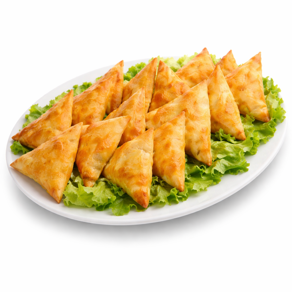 Une assiette blanche présente plusieurs SAMOUSSAS LÉGUMES dorés (commande 5 pcs mini.) disposés proprement sur des feuilles de laitue vertes et croquantes.