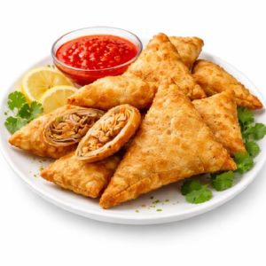 Une assiette blanche contient du POULET DE SAMOUSSA (Minimum de commande 5 pièces) doré et triangulaire, dont certains sont ouverts pour montrer la garniture. Garni de coriandre, de tranches de citron et servi avec un petit bol de sauce rouge.