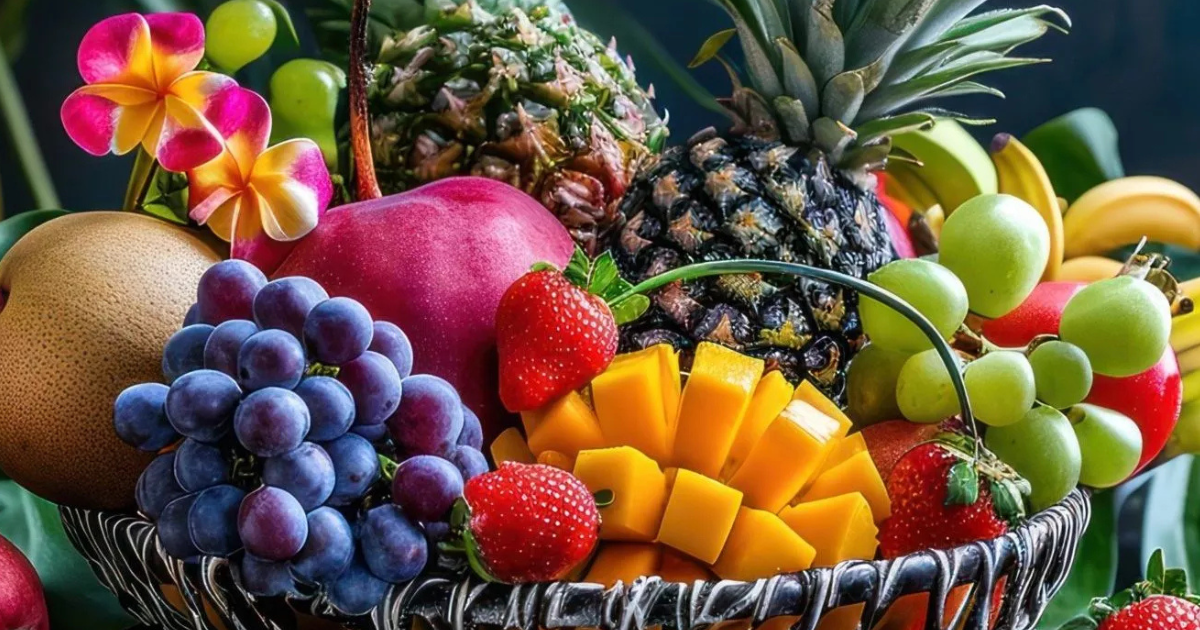 Une corbeille colorée remplie de fruits assortis, dont des ananas, des mangues, des fraises, des raisins, des pommes, des bananes et des raisins verts, avec des fleurs vibrantes pour la décoration.