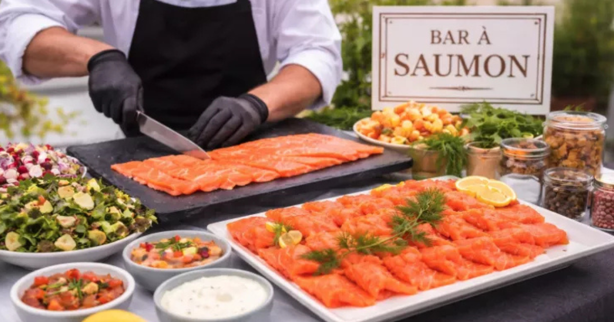 Une personne portant des gants noirs tranche du saumon frais à un poste du Bar à Saumon, entourée d'assiettes de saumon, de salades, de rondelles de citron, d'herbes et de garnitures diverses.