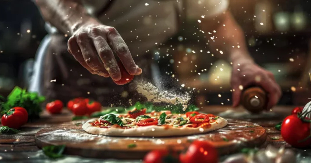 Une personne saupoudre de farine une pizza fraîchement préparée, garnie de tomates, de basilic et de poivrons, sur une surface en bois. Des tomates fraîches et des herbes aromatiques sont éparpillées tout autour, créant une scène de cuisine animée.