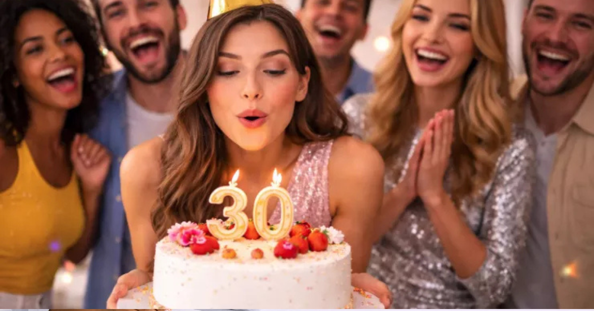 Une femme portant un chapeau de fête souffle les bougies d'un gâteau portant le chiffre 30, entourée d'amis souriants qui célèbrent son anniversaire dans un cadre festif.