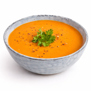 VELOUTÉ DE POTIMARRON : Soupe crémeuse à l'orange garnie de persil frais et de poivre noir, servie dans un bol en céramique grise sur fond blanc.