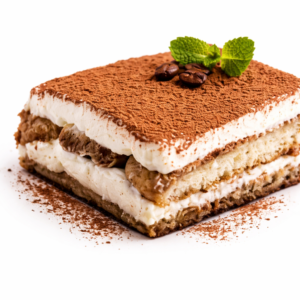 Une tranche de TIRAMISU AU CACAO ET AU CAFÉ AMER avec des couches crémeuses et imbibées de café, garnie de poudre de cacao, de deux grains de café et d'un brin de menthe, présentée sur un fond blanc.