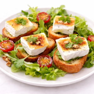 SALAD DE CHÈVRE CHAUD : Une assiette de salade fraîche avec des légumes verts, des tomates cerises, des noix et des tranches de pain grillées, garnie de fromage de chèvre riche, d'herbes et d'une pincée de paprika.