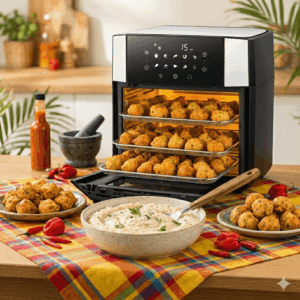 Une friteuse ATELIER ACRAS À VOLONTÉ avec trois plateaux de boules cuites est posée sur un comptoir de cuisine. Des assiettes de boulettes, un bol de sauce, des poivrons, de la sauce piquante et des herbes sont disposés sur un tissu coloré à proximité.