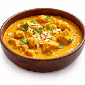 Un bol d'AGNEAU ROYAL KORMA (300g), curry orange crémeux avec de tendres morceaux d'agneau, garni de feuilles de coriandre fraîche et d'amandes effilées, servi dans un bol brun sur fond blanc.