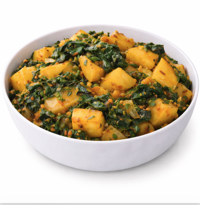 Un bol blanc rempli d'ALU PALAK (250g), un plat indien dynamique composé de pommes de terre et d'épinards cuits, assaisonnés d'épices et garnis d'herbes.