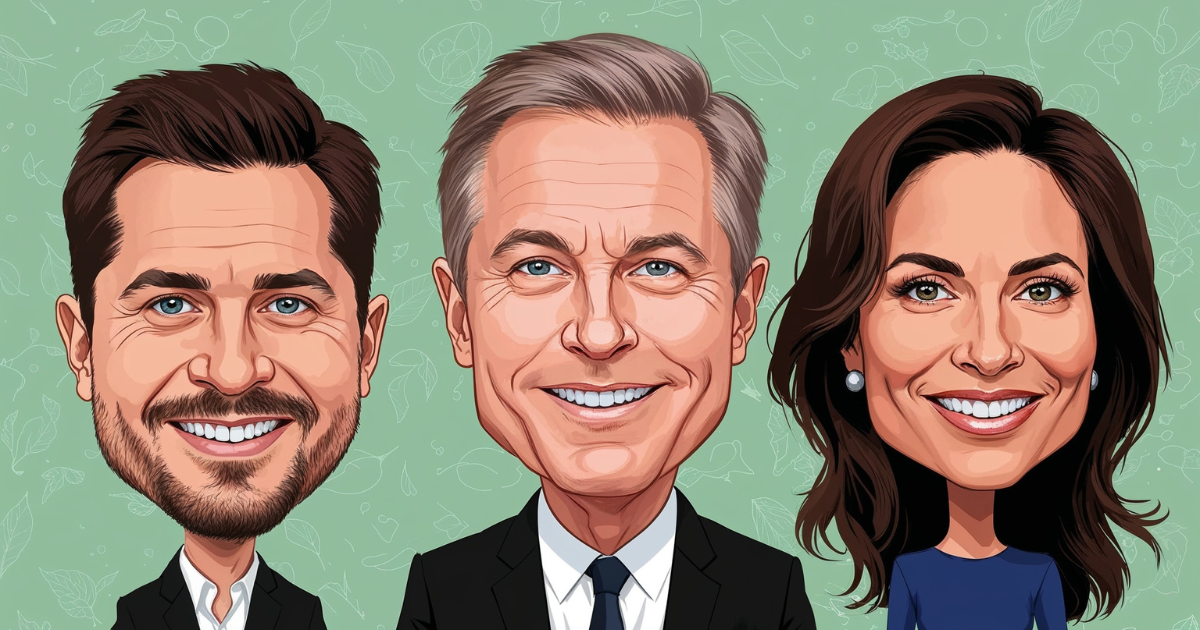 Caricature numérique de trois adultes souriants - deux hommes et une femme - sur un fond vert avec de subtils motifs de feuilles. Les hommes portent des costumes et la femme des boucles d'oreilles en perles et une robe bleue.