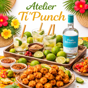 Une table animée présente ATELIER TI PUNCH ACRAS ET BOUDINS : trois cocktails, une bouteille de rhum, des quartiers de citron vert, des bols à grignoter, des beignets dorés et des boudins, le tout entouré de fleurs et de feuilles colorées. Le texte indique Atelier Ti Punch.